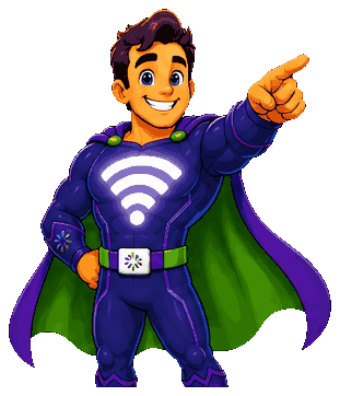 The Wifi Hero mascot pointing toward the eligibility form